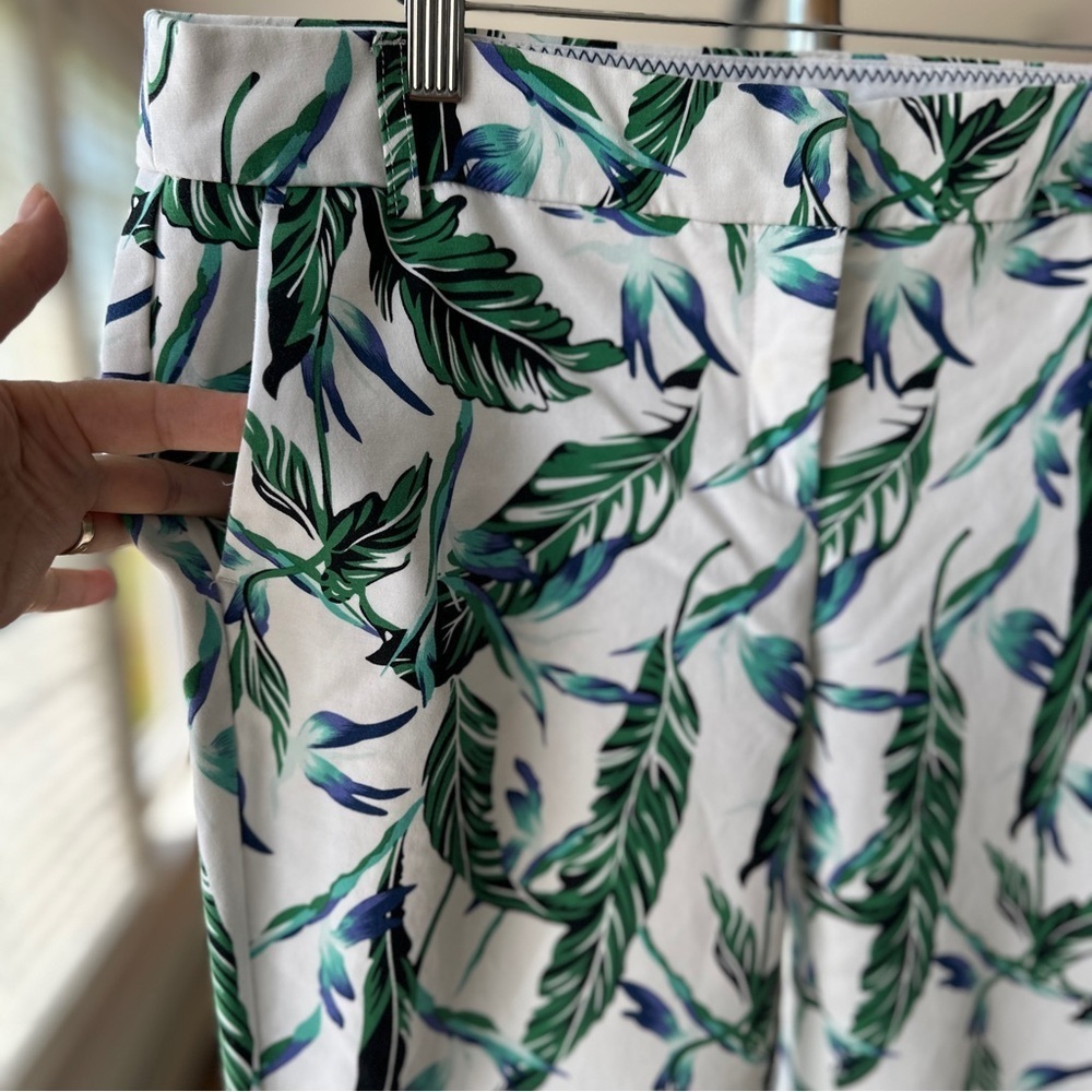 Kenar Green and White Leaf Print Pants, Cropped, Stretch